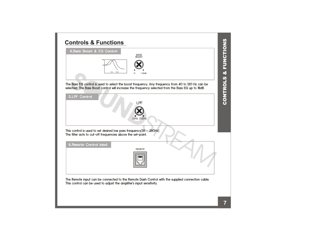 Soundstream Technologies XXX-15000D manual Bass Boost & EQ Control, LPF Control, Remote Control input 