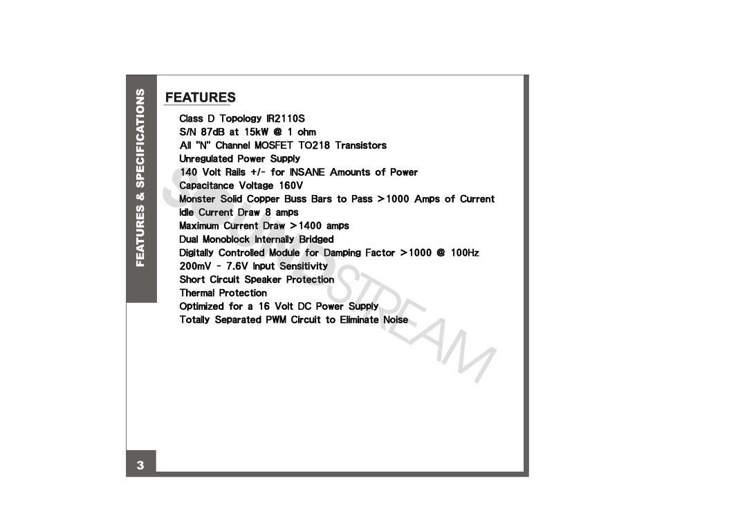 Soundstream Technologies XXX-15000D manual Class D Topology IR2110S S/N 87dB at 15kW @ 1 ohm 