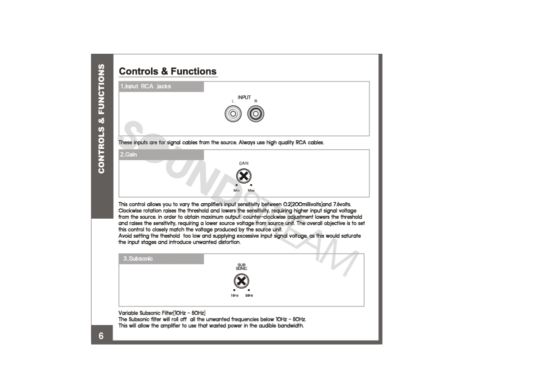 Soundstream Technologies XXX-15000D manual Input RCA jacks, Gain, Subsonic 