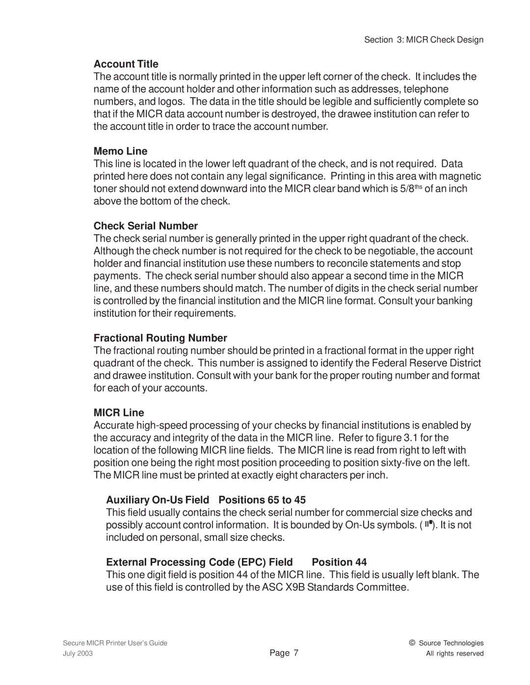 Source Technologies 1352 MICR 40 manual Account Title Memo Line, Check Serial Number Fractional Routing Number Micr Line 