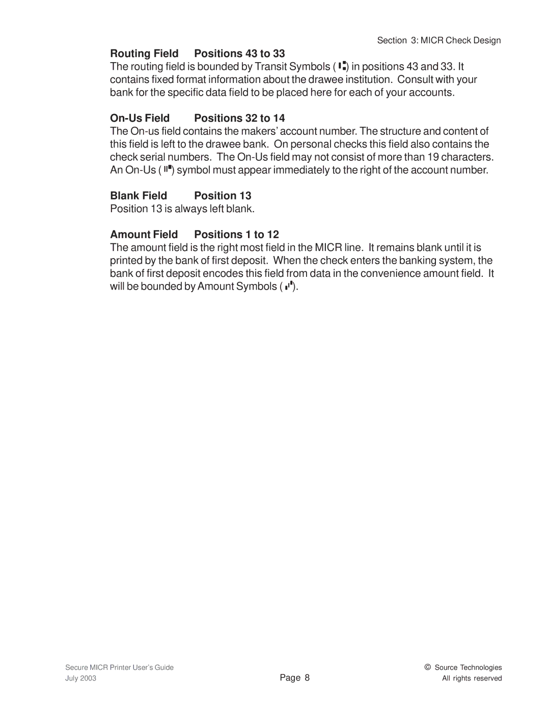 Source Technologies 1352 MICR 40 manual Routing Field Positions 43 to, On-Us Field Positions 32 to 