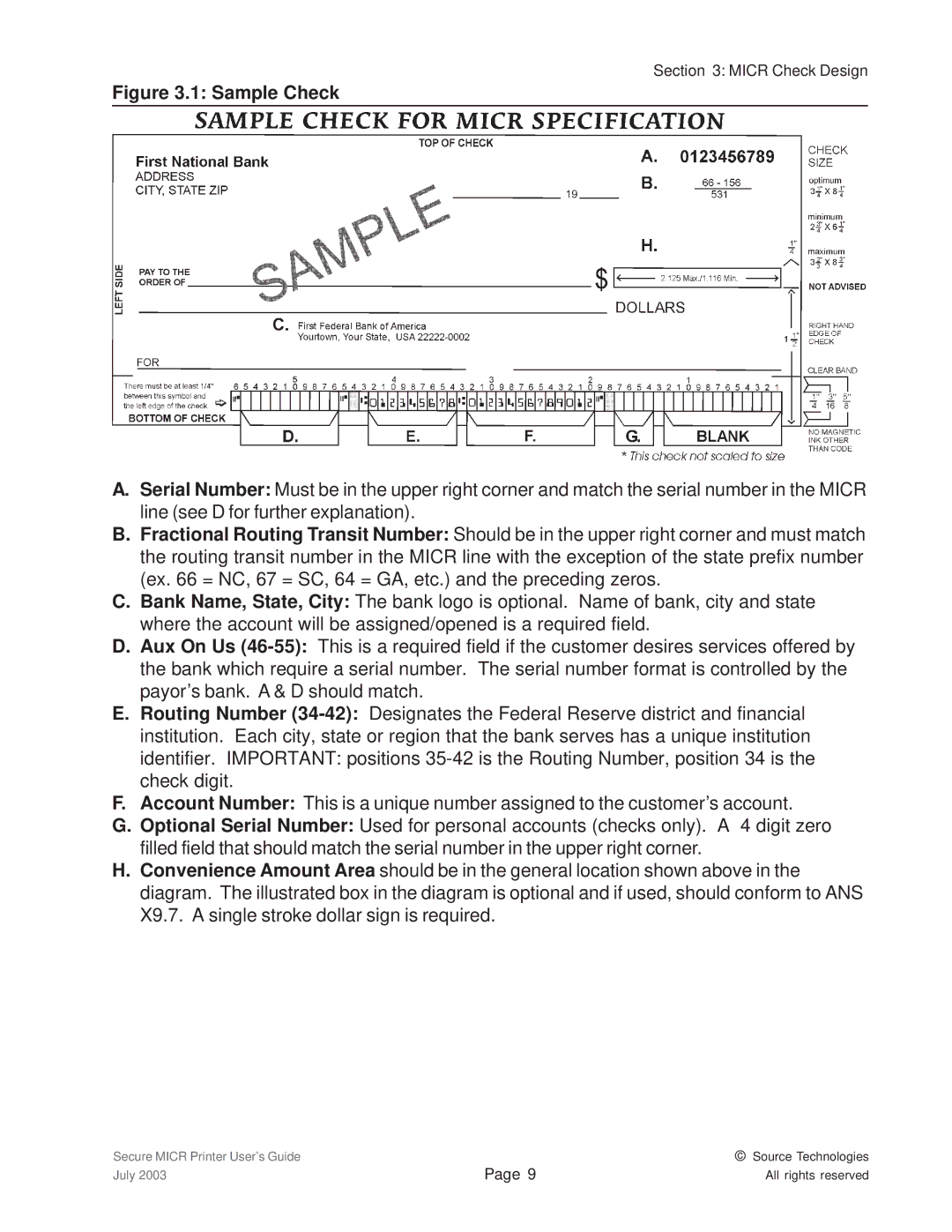 Source Technologies 1352 MICR 40 manual Sample Check 