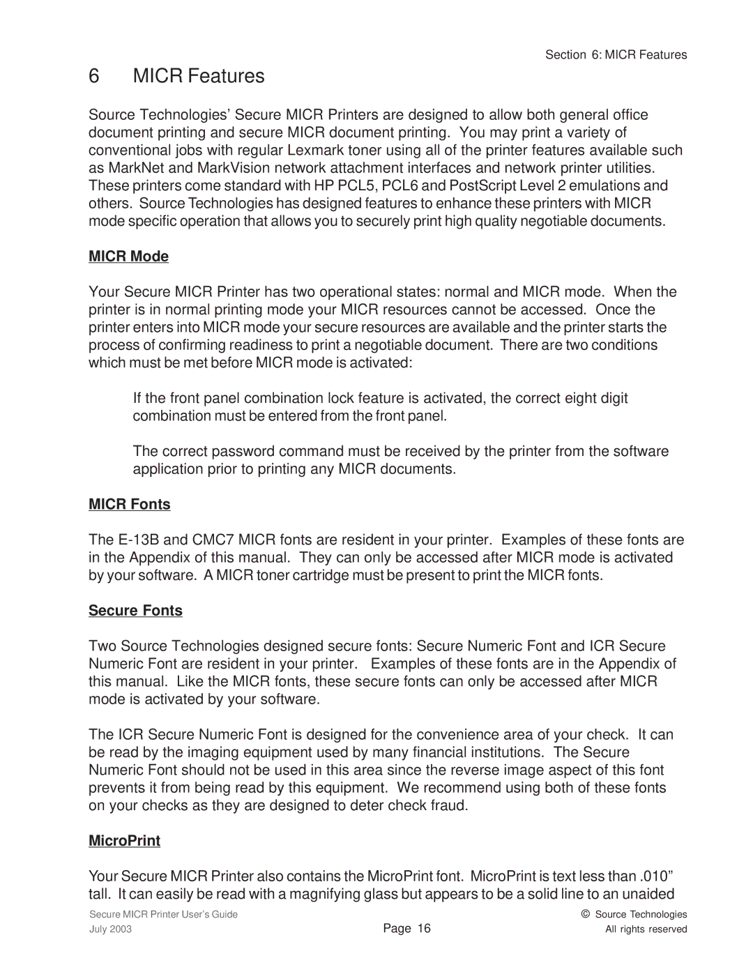 Source Technologies 1352 MICR 40 manual Micr Features, Micr Mode, Micr Fonts, Secure Fonts, MicroPrint 