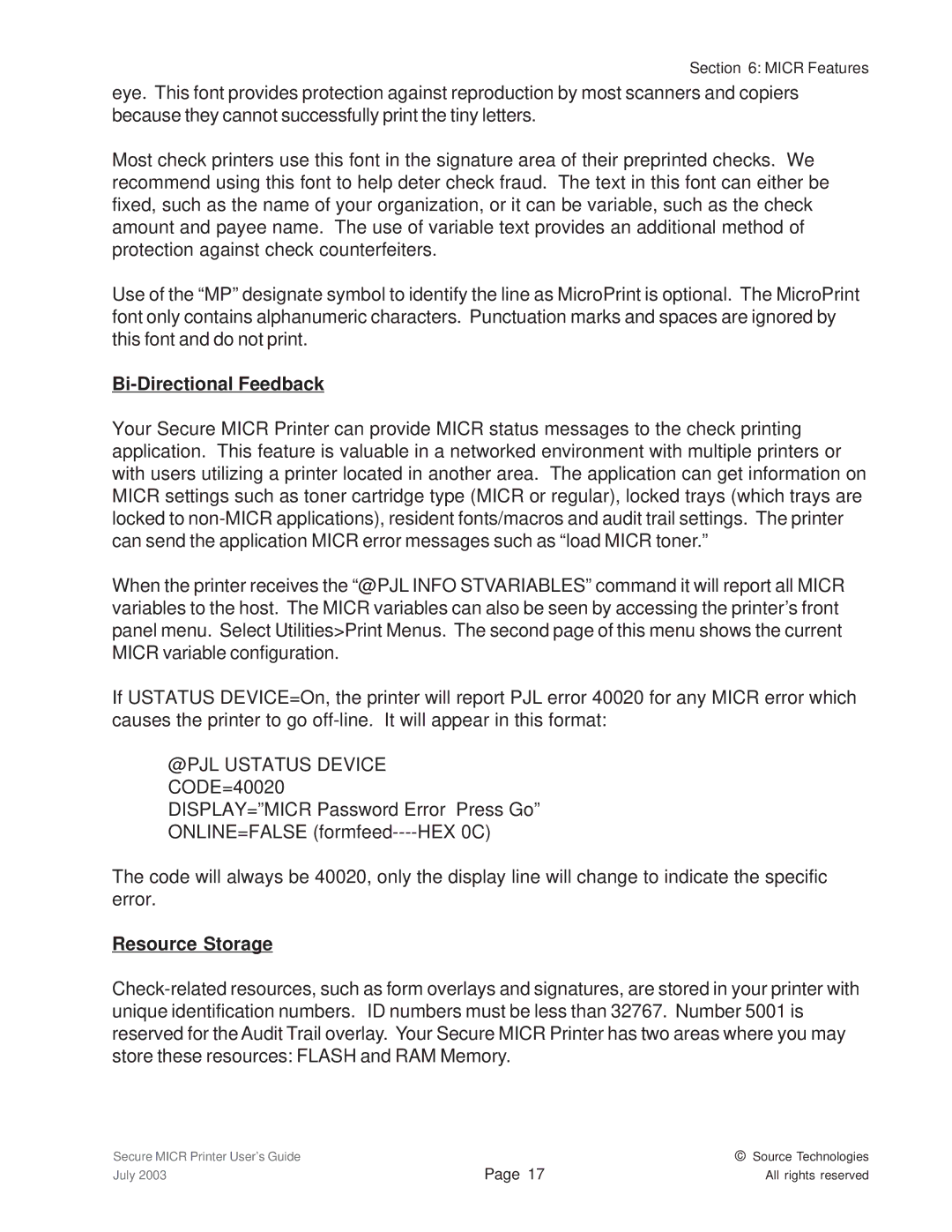 Source Technologies 1352 MICR 40 manual Bi-Directional Feedback, @PJL Ustatus Device, Resource Storage 