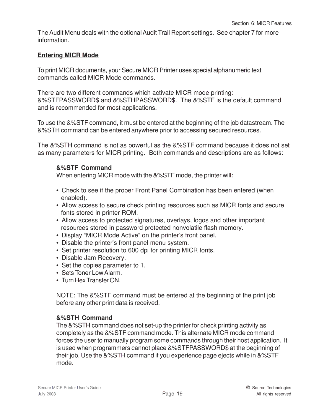 Source Technologies 1352 MICR 40 manual Entering Micr Mode, STF Command, STH Command 