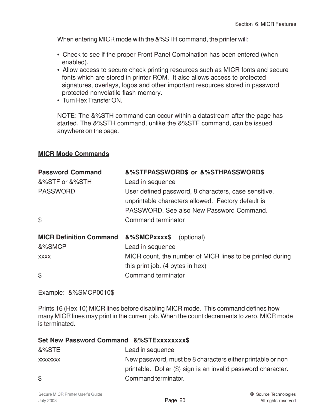 Source Technologies 1352 MICR 40 manual Password, Micr Definition Command SMCPxxxx$ optional, Smcp, Ste 