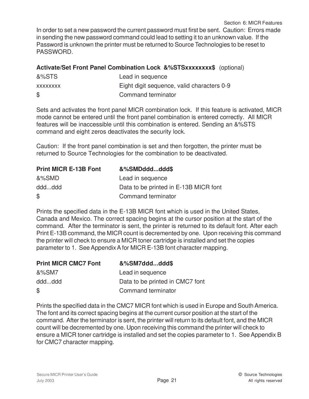 Source Technologies 1352 MICR 40 manual Sts, Print Micr E-13B Font SMDddd...ddd$, Smd, Print Micr CMC7 Font SM7ddd...ddd$ 