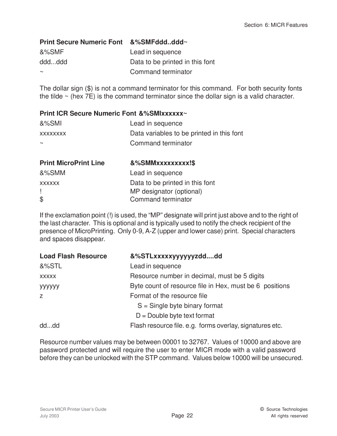 Source Technologies 1352 MICR 40 manual Print Secure Numeric Font SMFddd..ddd~, Print ICR Secure Numeric Font &%SMIxxxxxx~ 