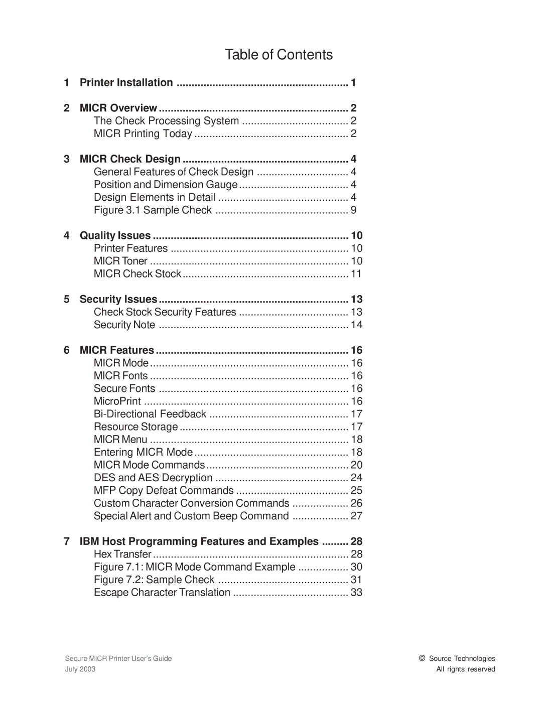 Source Technologies 1352 MICR 40 manual Table of Contents 