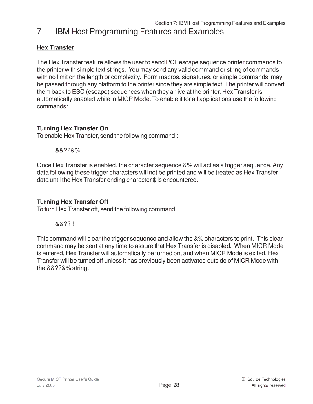 Source Technologies 1352 MICR 40 manual IBM Host Programming Features and Examples, Turning Hex Transfer On 