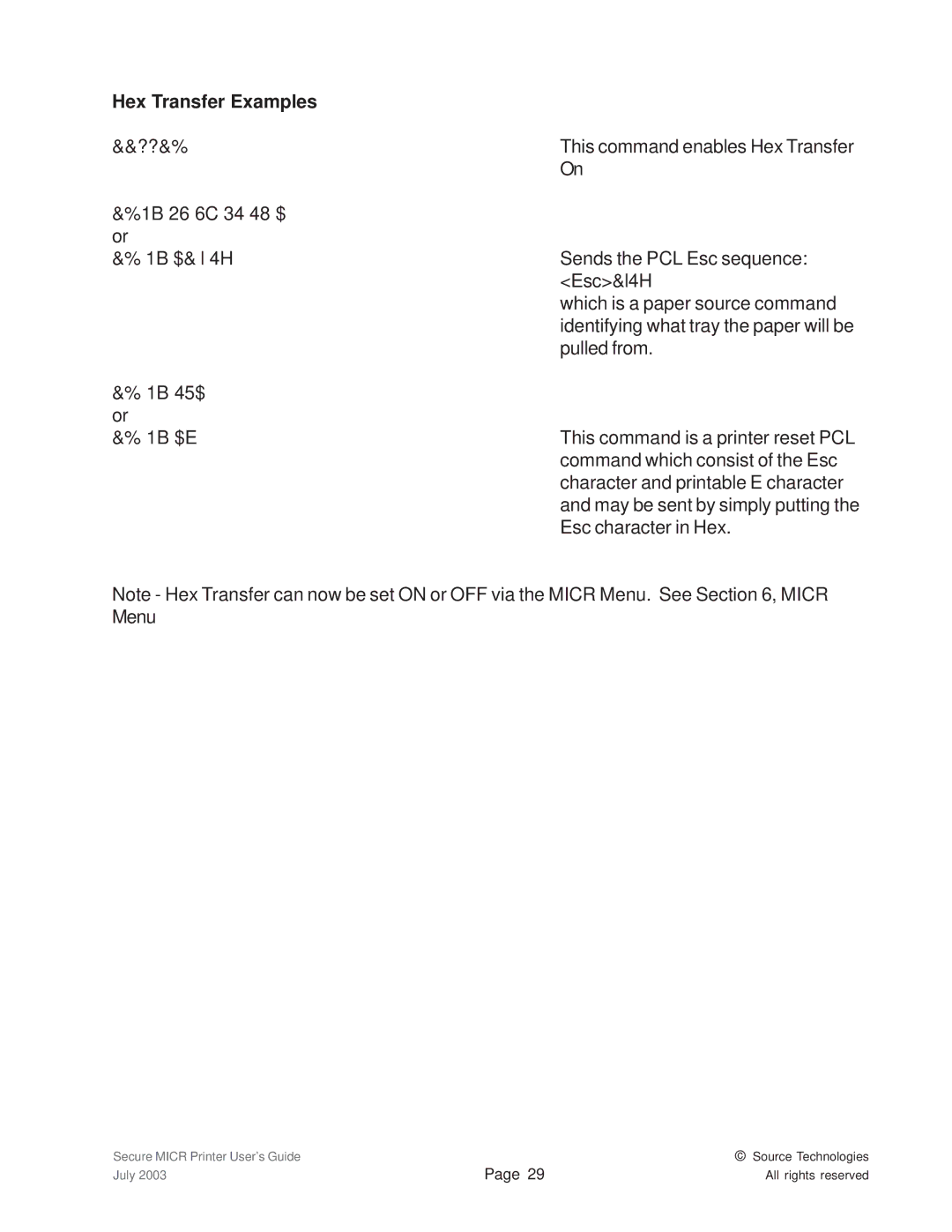 Source Technologies 1352 MICR 40 manual Hex Transfer Examples 