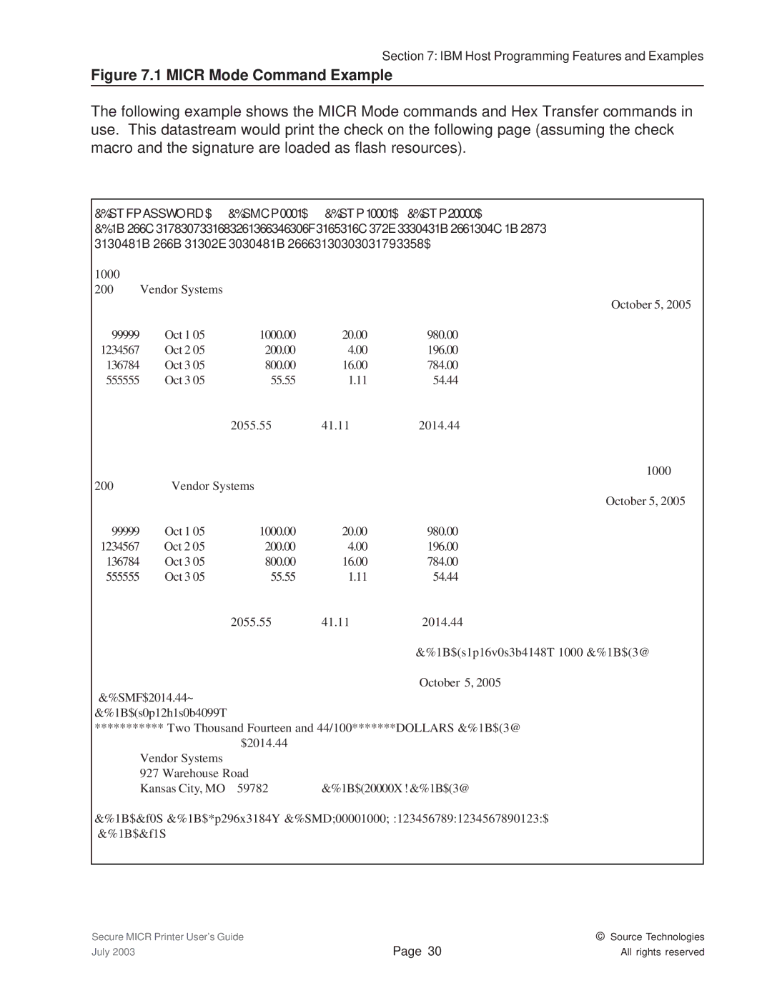 Source Technologies 1352 MICR 40 manual Micr Mode Command Example 