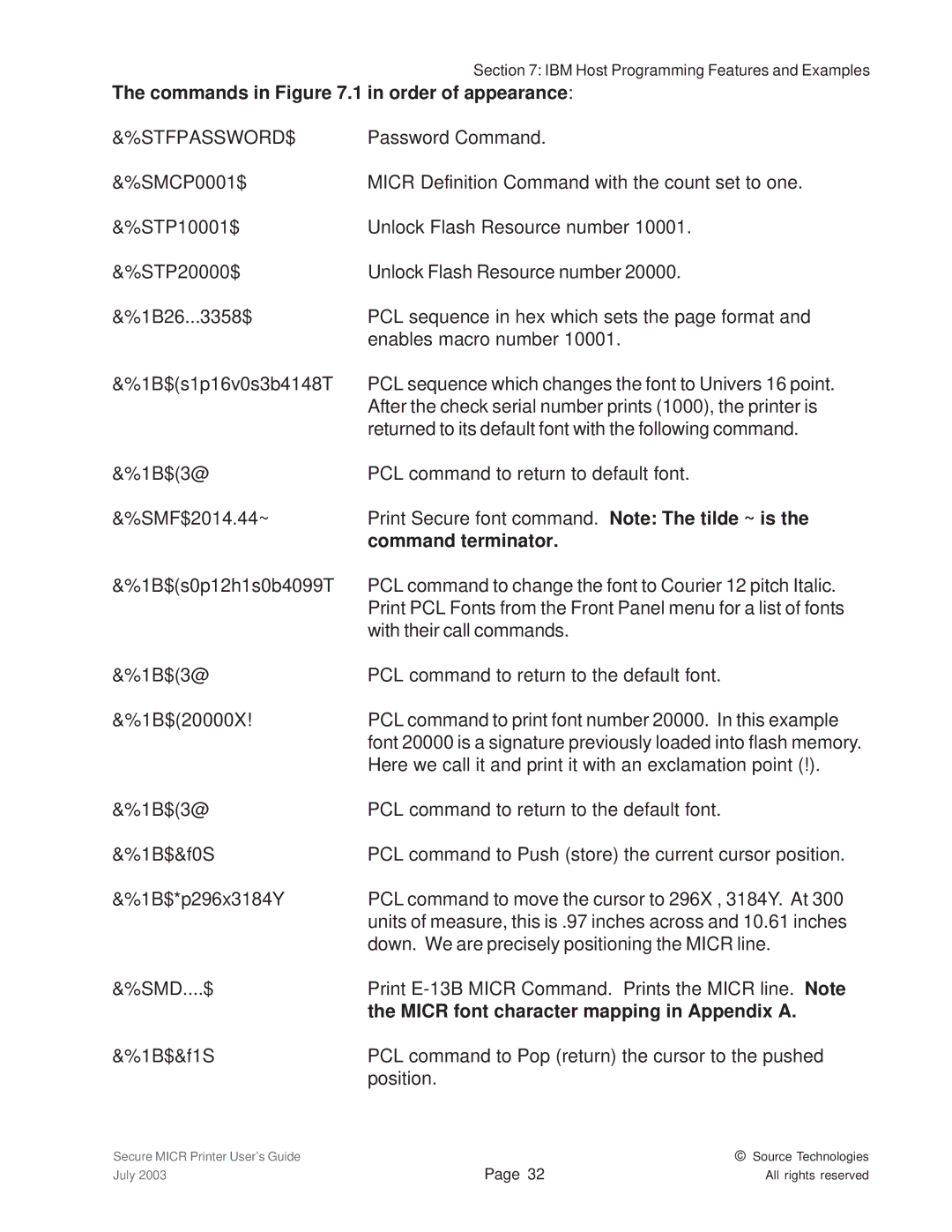 Source Technologies 1352 MICR 40 manual Commands in .1 in order of appearance, Stfpassword$ 