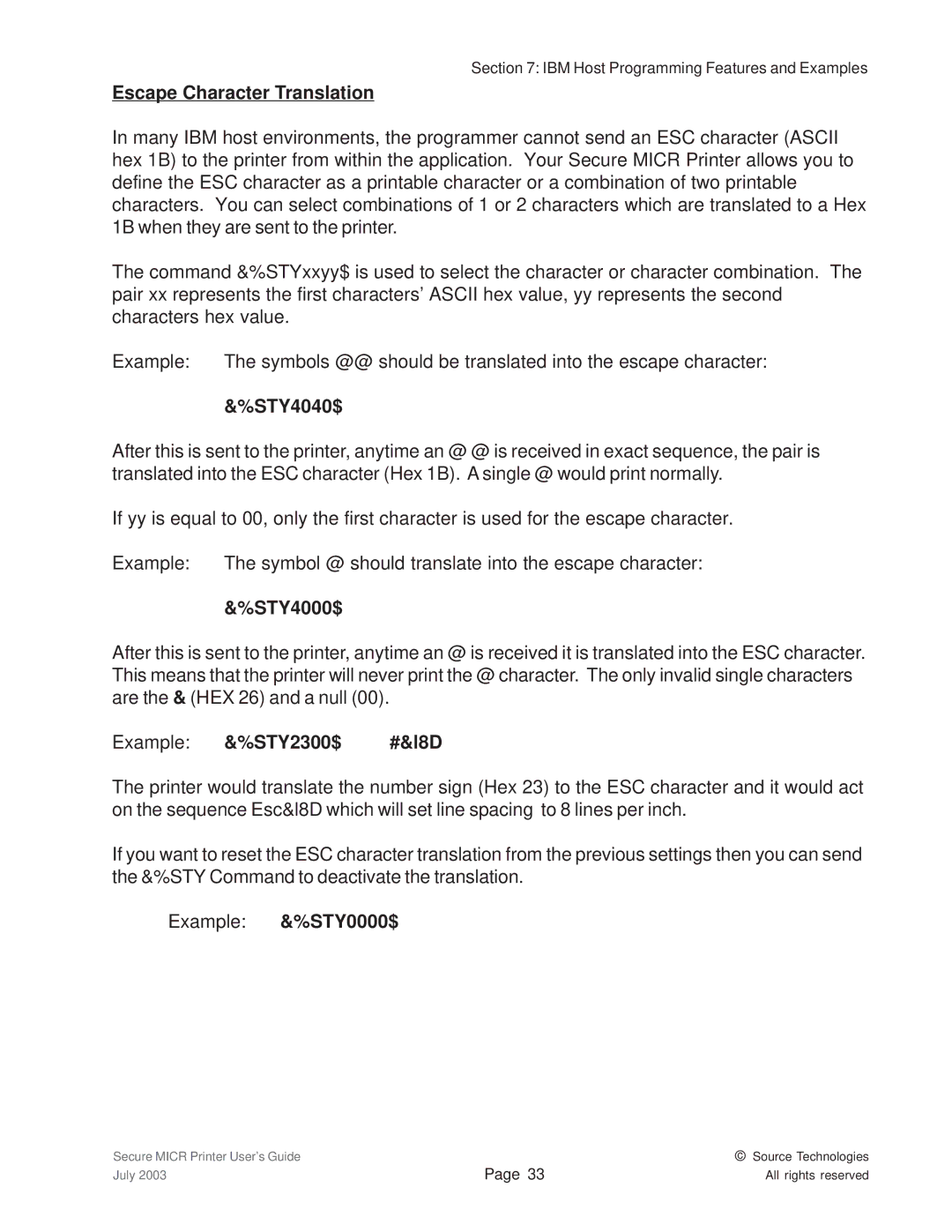Source Technologies 1352 MICR 40 Escape Character Translation, STY4040$, STY4000$, Example &%STY2300$, Example &%STY0000$ 