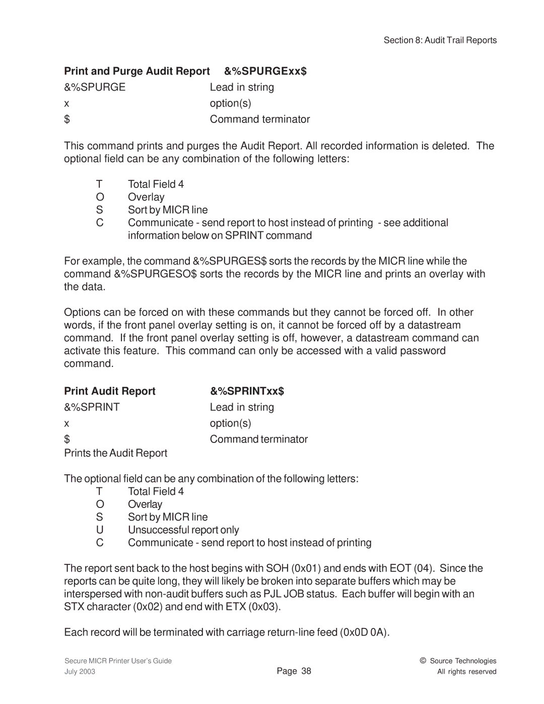 Source Technologies 1352 MICR 40 Print and Purge Audit Report &%SPURGExx$, Spurge, Print Audit Report SPRINTxx$, Sprint 