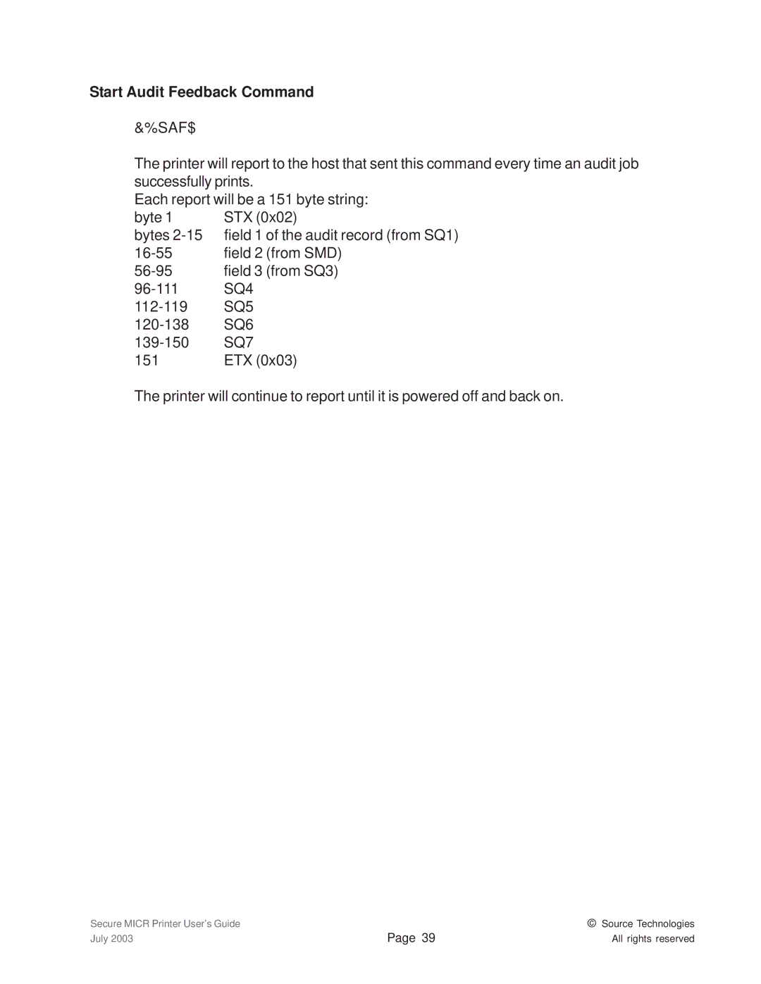 Source Technologies 1352 MICR 40 manual Start Audit Feedback Command, SQ4, SQ5, SQ6, SQ7 