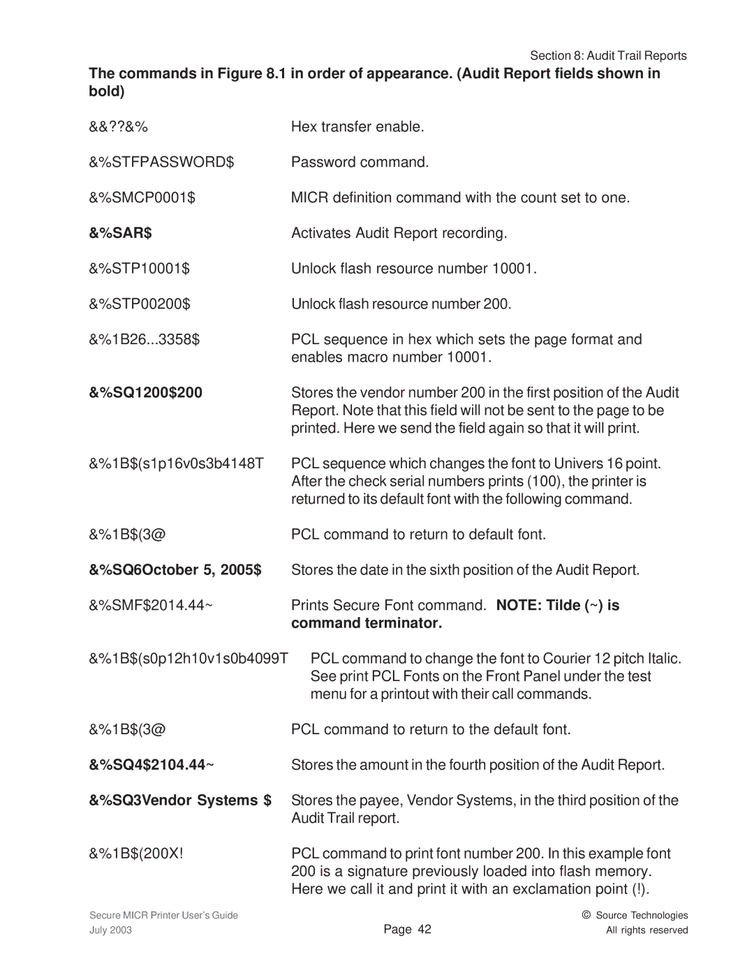 Source Technologies 1352 MICR 40 manual Sar$, SQ1200$200, SQ6October 5, 2005$, Command terminator, SQ4$2104.44~ 