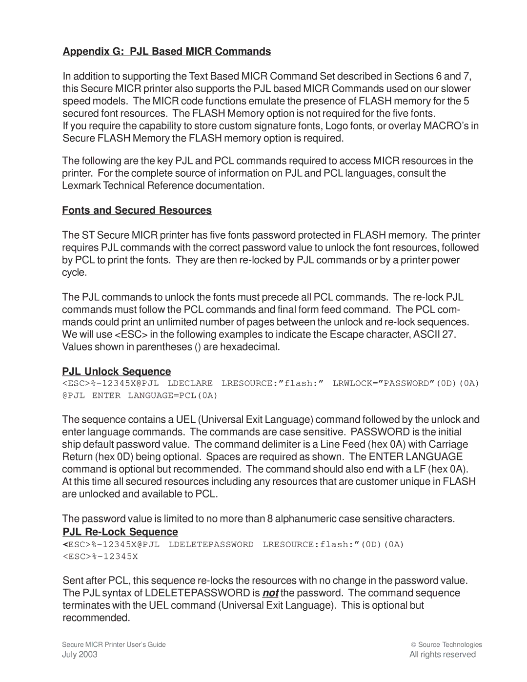 Source Technologies 1352 MICR 40 Appendix G PJL Based Micr Commands, Fonts and Secured Resources, PJL Unlock Sequence 