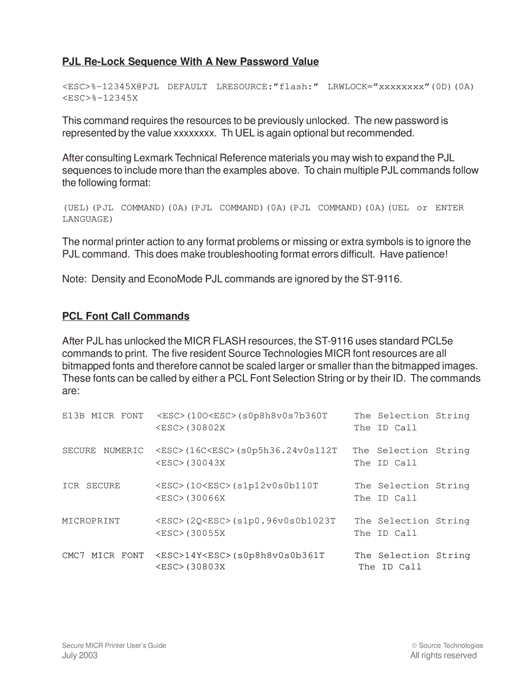 Source Technologies 1352 MICR 40 manual PJL Re-Lock Sequence With a New Password Value, PCL Font Call Commands 