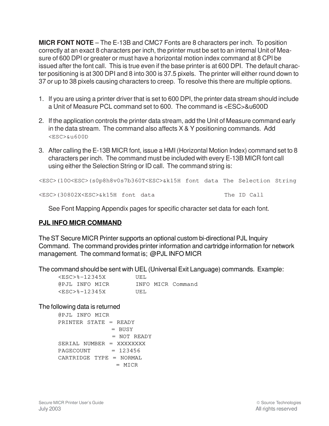 Source Technologies 1352 MICR 40 manual PJL Info Micr Command 