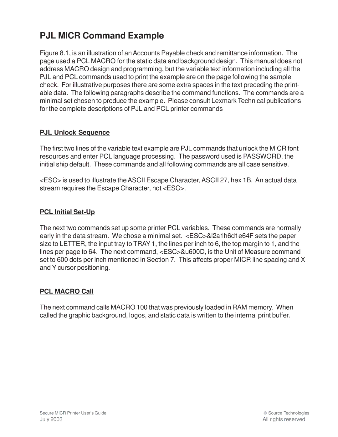 Source Technologies 1352 MICR 40 manual PCL Initial Set-Up, PCL Macro Call 