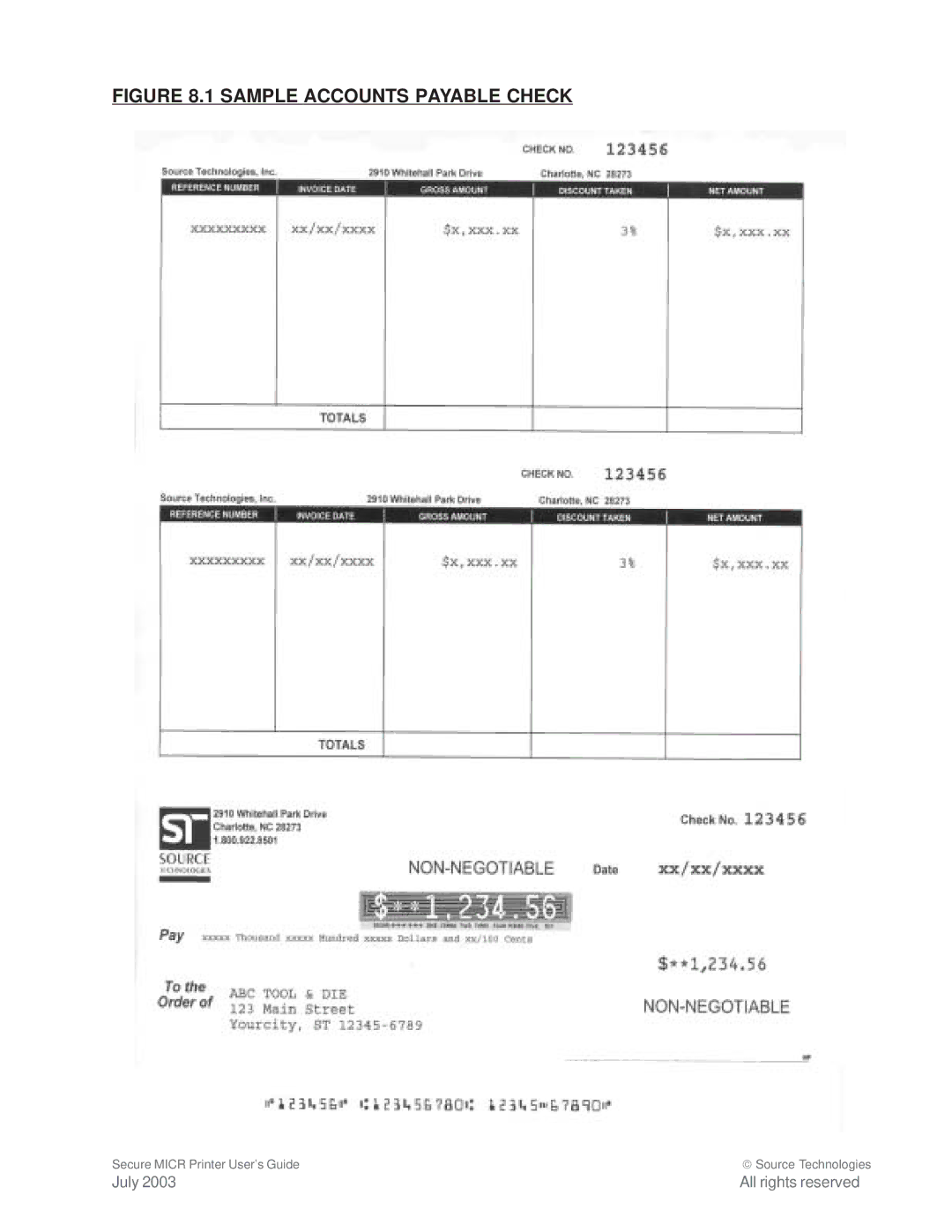 Source Technologies 1352 MICR 40 manual Sample Accounts Payable Check 