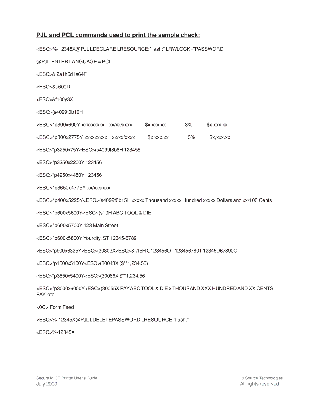 Source Technologies 1352 MICR 40 manual PJL and PCL commands used to print the sample check, @PJL Enter Language = PCL 