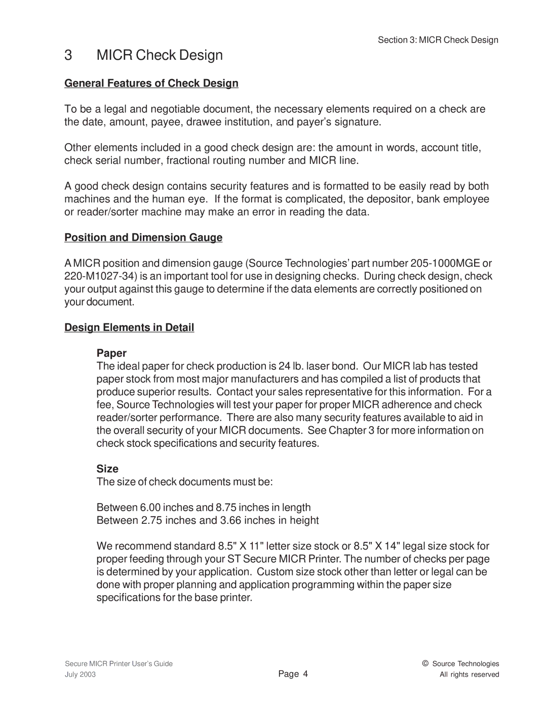 Source Technologies 1352 MICR 40 Micr Check Design, General Features of Check Design, Position and Dimension Gauge, Size 