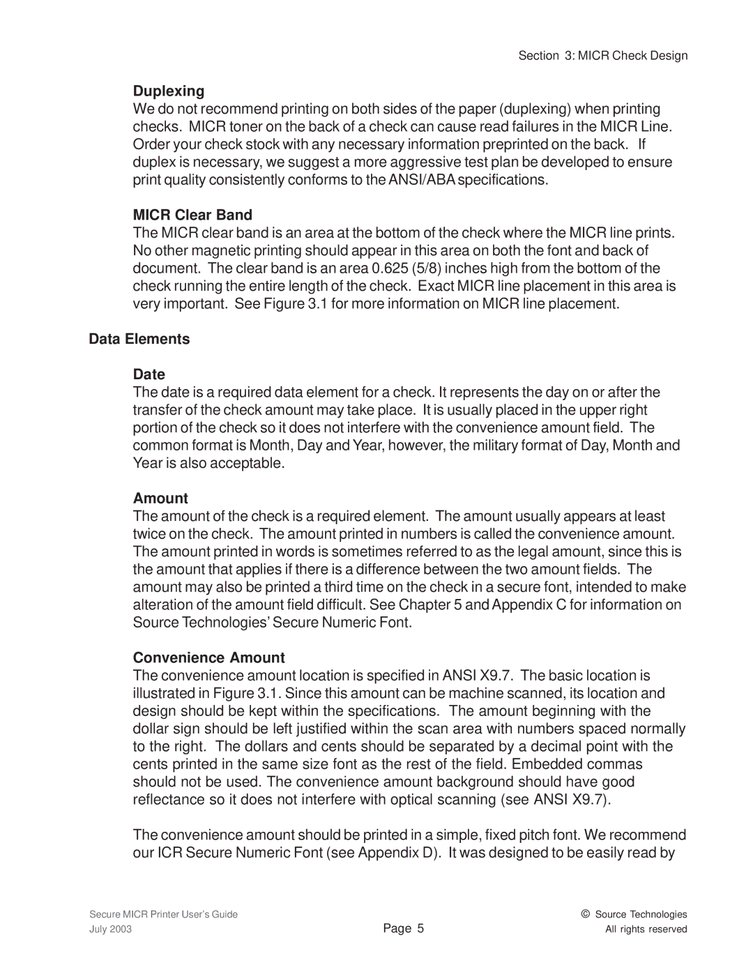 Source Technologies 1352 MICR 40 manual Duplexing, Micr Clear Band, Data Elements Date, Amount Convenience Amount 