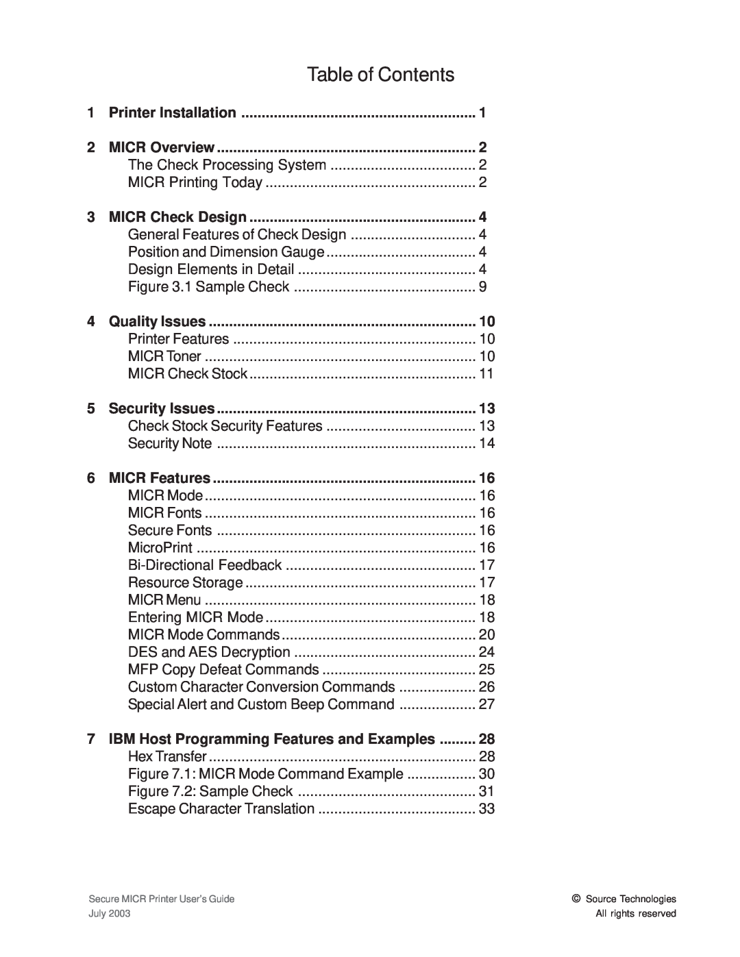 Source Technologies 1352 MICR 40 Table of Contents, Printer Installation, MICR Overview, MICR Check Design, Quality Issues 