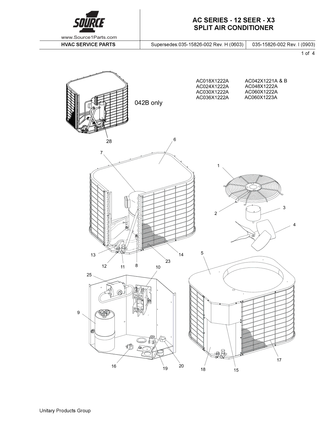 Source Technologies AC060X1222A, AC060X1223A & B, AC042X1221A, AC036X1222A manual Hvac Service Parts, 035-15826-002 Rev. I 