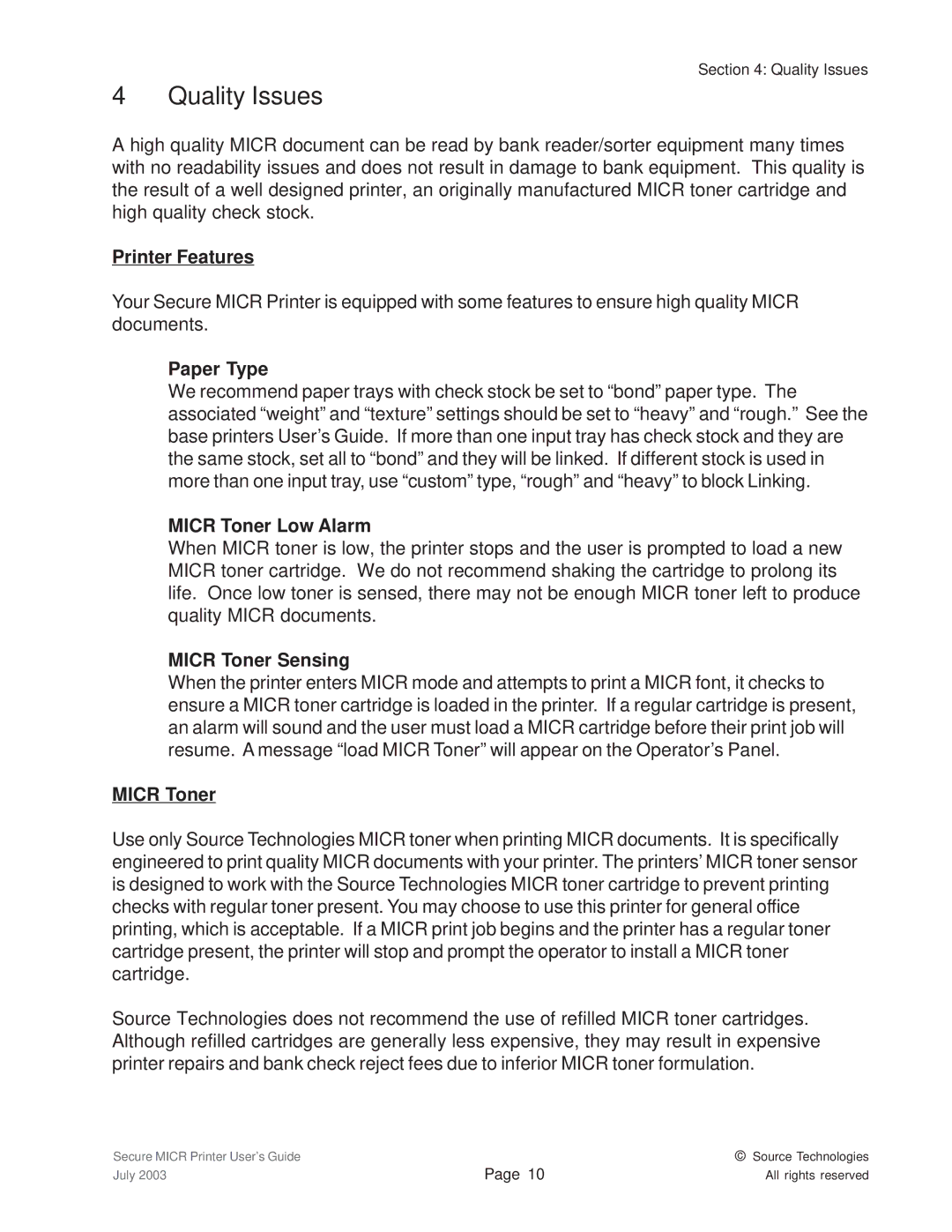 Source Technologies ST9335 manual Quality Issues 