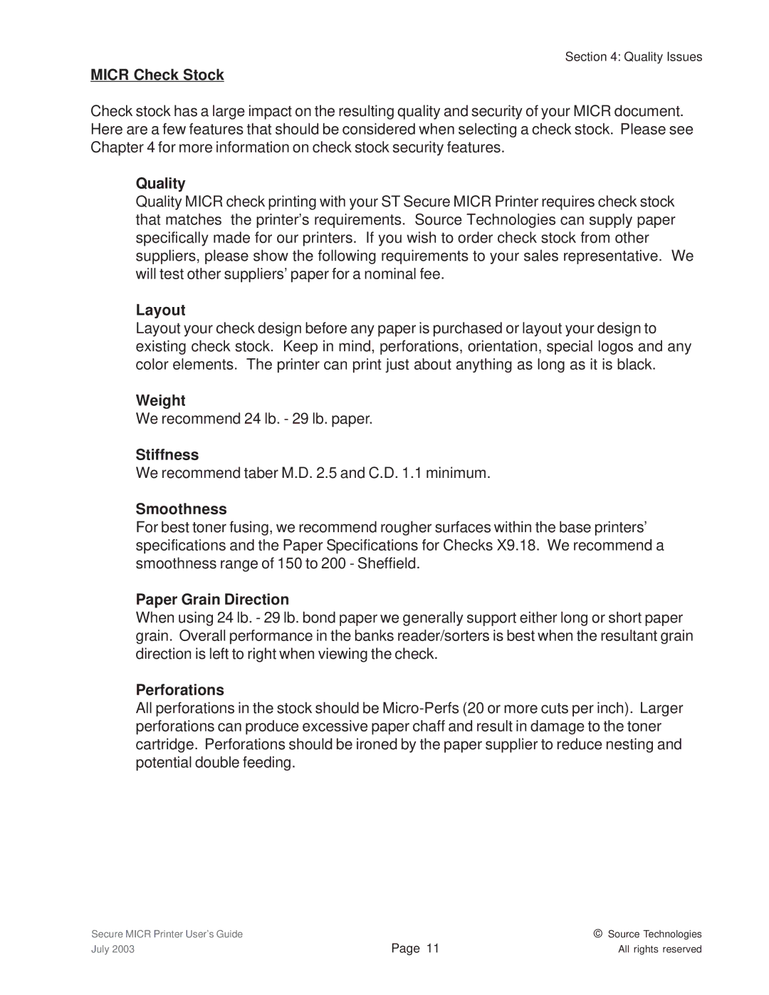 Source Technologies ST9335 manual Micr Check Stock, Quality, Layout, Weight, Stiffness, Smoothness, Paper Grain Direction 
