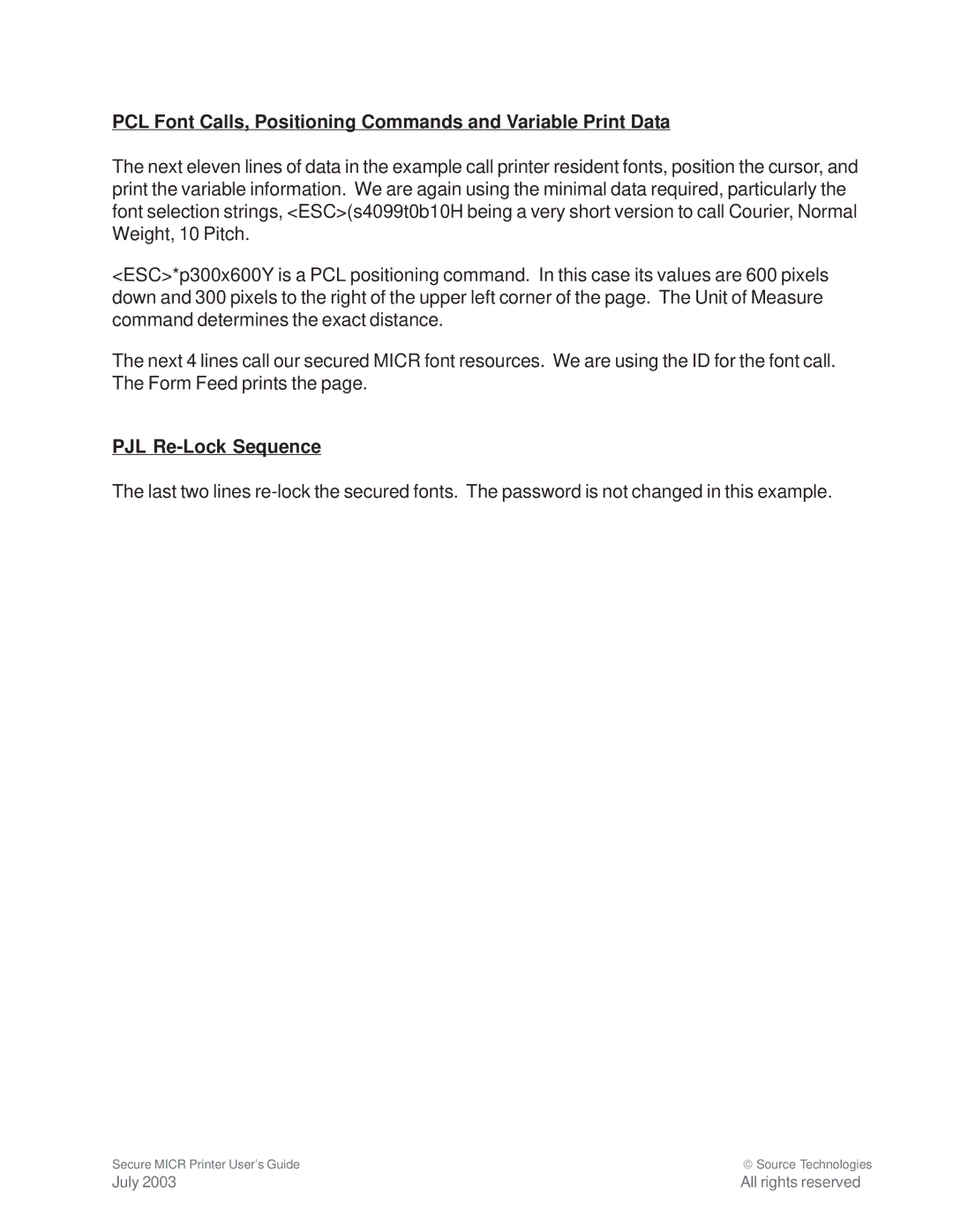 Source Technologies ST9335 manual PCL Font Calls, Positioning Commands and Variable Print Data 