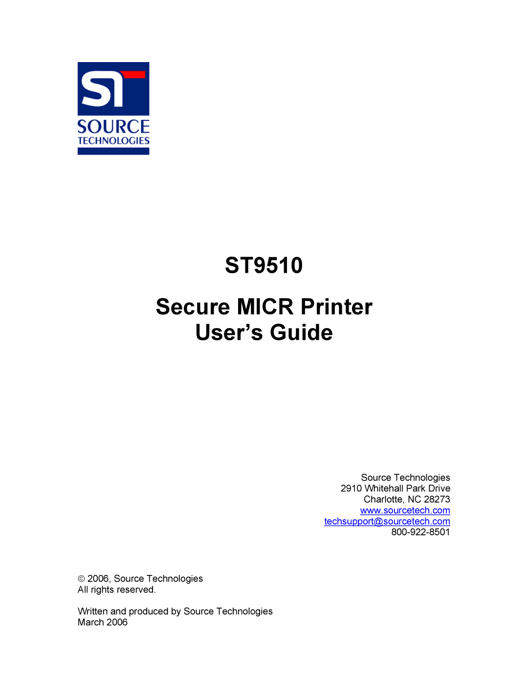 Source Technologies manual ST9510 Secure Micr Printer User’s Guide 