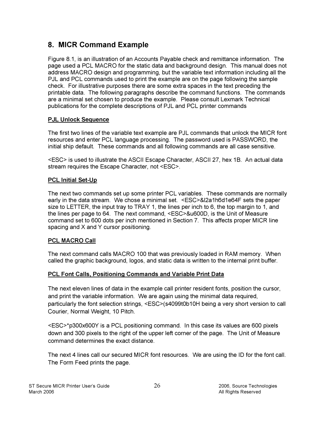 Source Technologies ST9510 manual Micr Command Example, PCL Initial Set-Up, PCL Macro Call 