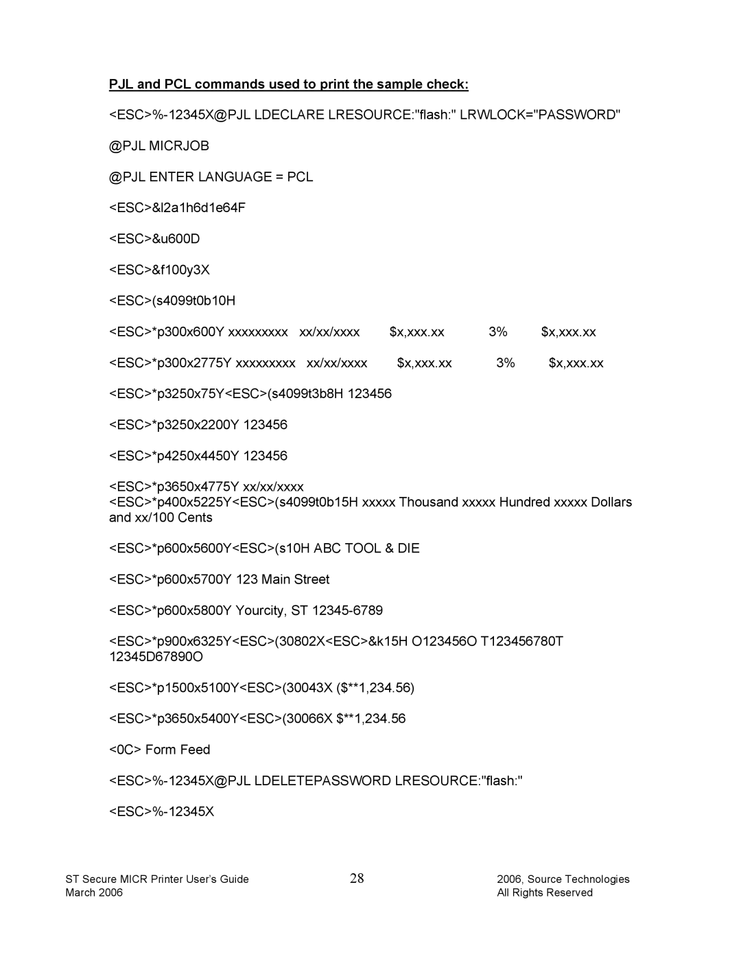 Source Technologies ST9510 manual PJL and PCL commands used to print the sample check, @PJL Enter Language = PCL 