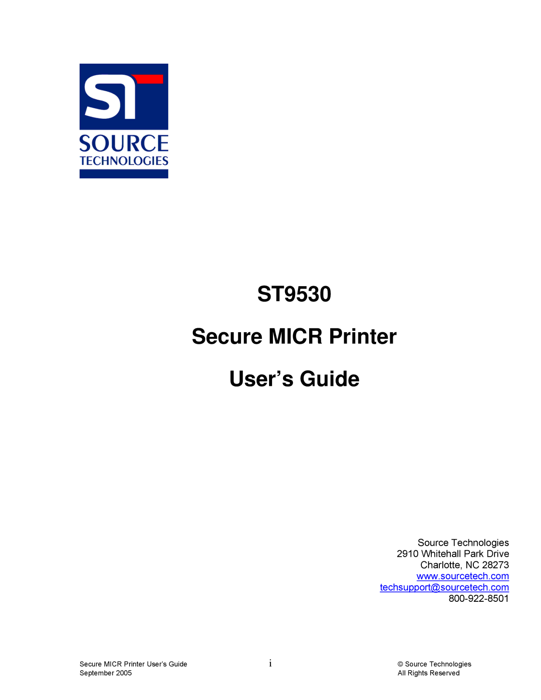 Source Technologies manual ST9530 Secure Micr Printer User’s Guide 