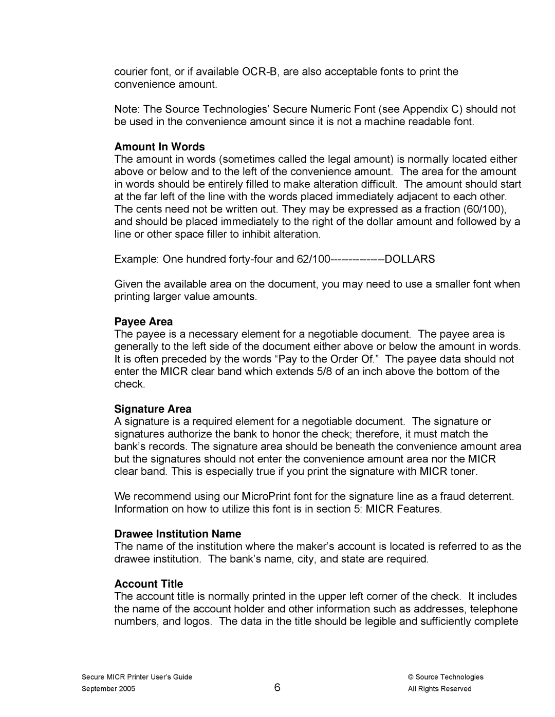 Source Technologies ST9530 manual Amount In Words, Payee Area, Signature Area, Drawee Institution Name, Account Title 