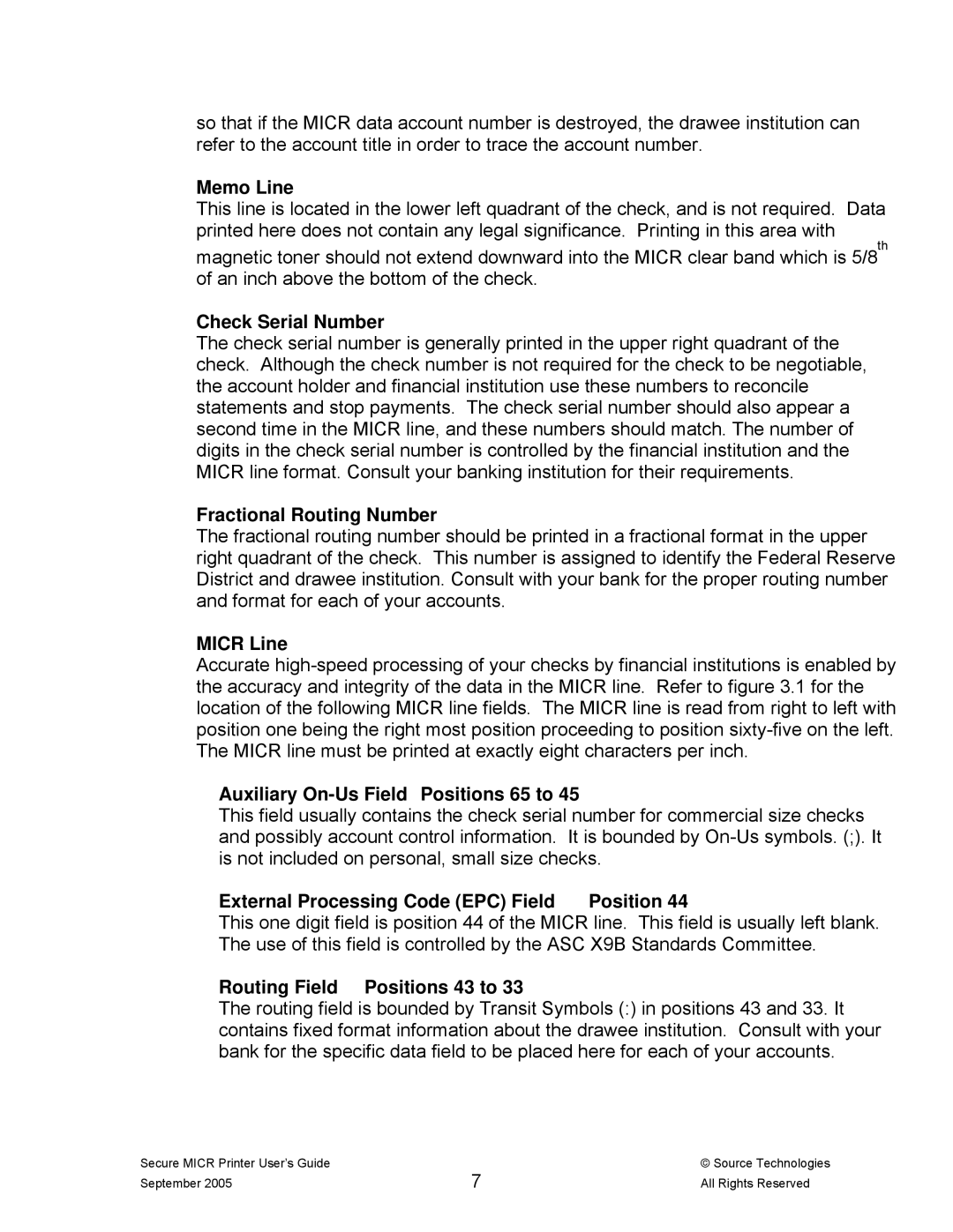 Source Technologies ST9530 manual Memo Line, Check Serial Number Fractional Routing Number Micr Line 