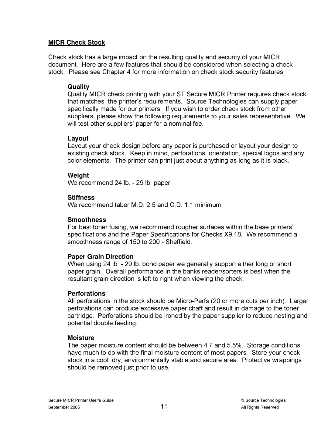 Source Technologies ST9530 manual Micr Check Stock, Quality, Layout, Weight, Stiffness, Smoothness, Paper Grain Direction 