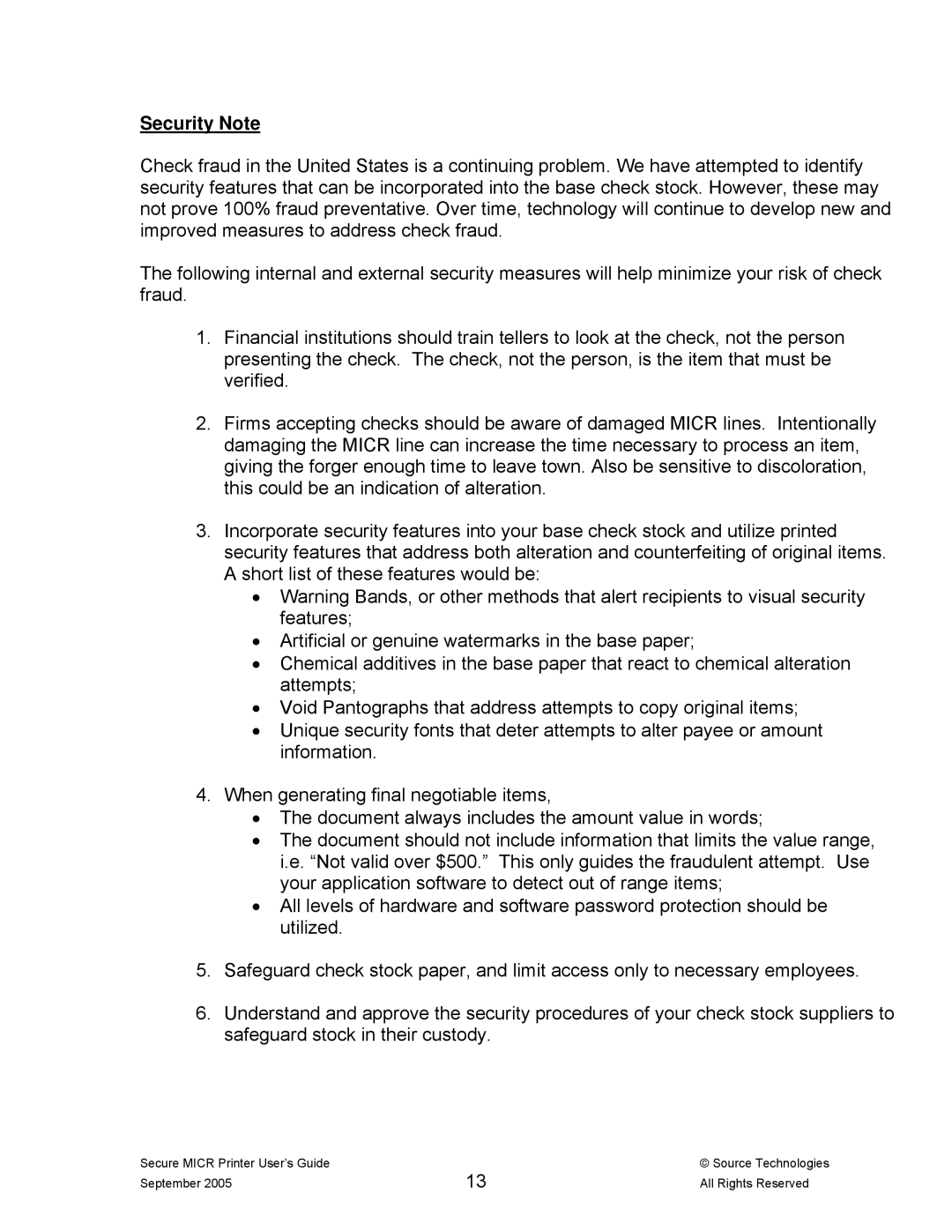 Source Technologies ST9530 manual Security Note 