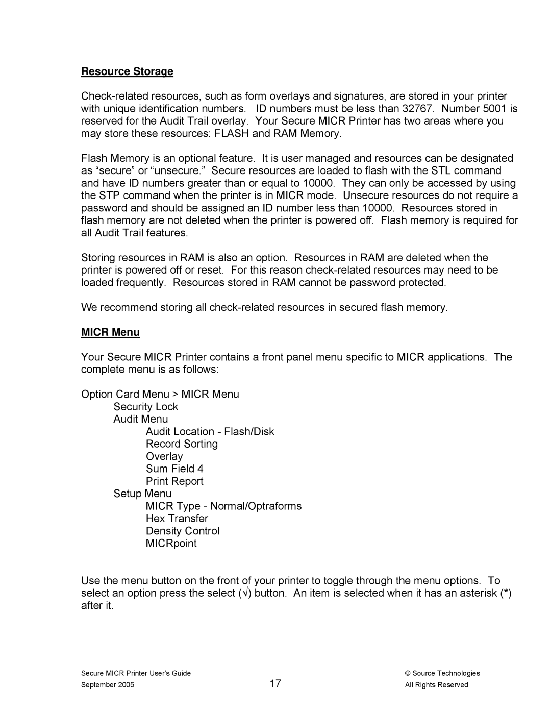 Source Technologies ST9530 manual Resource Storage, Micr Menu 