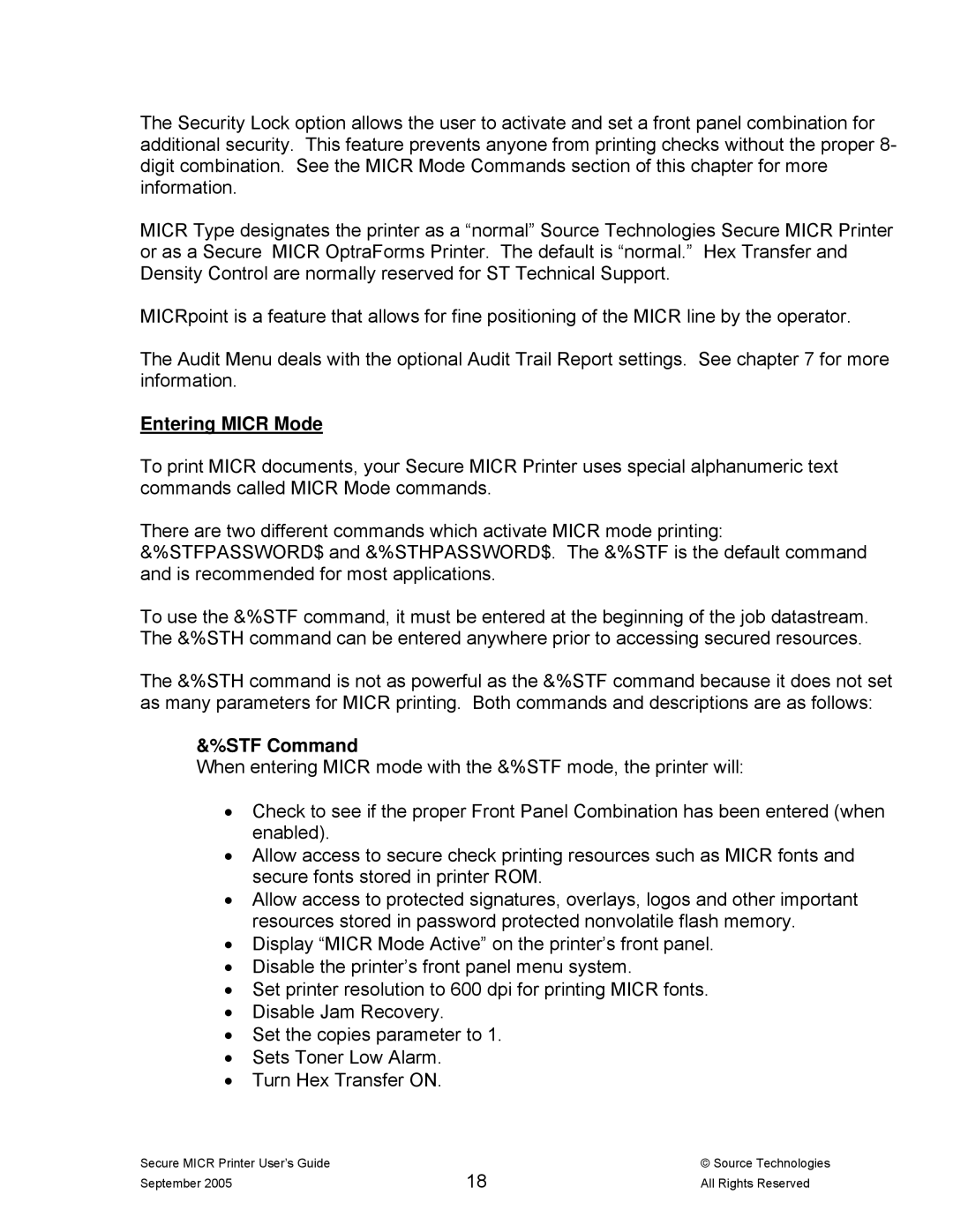 Source Technologies ST9530 manual Entering Micr Mode, STF Command 