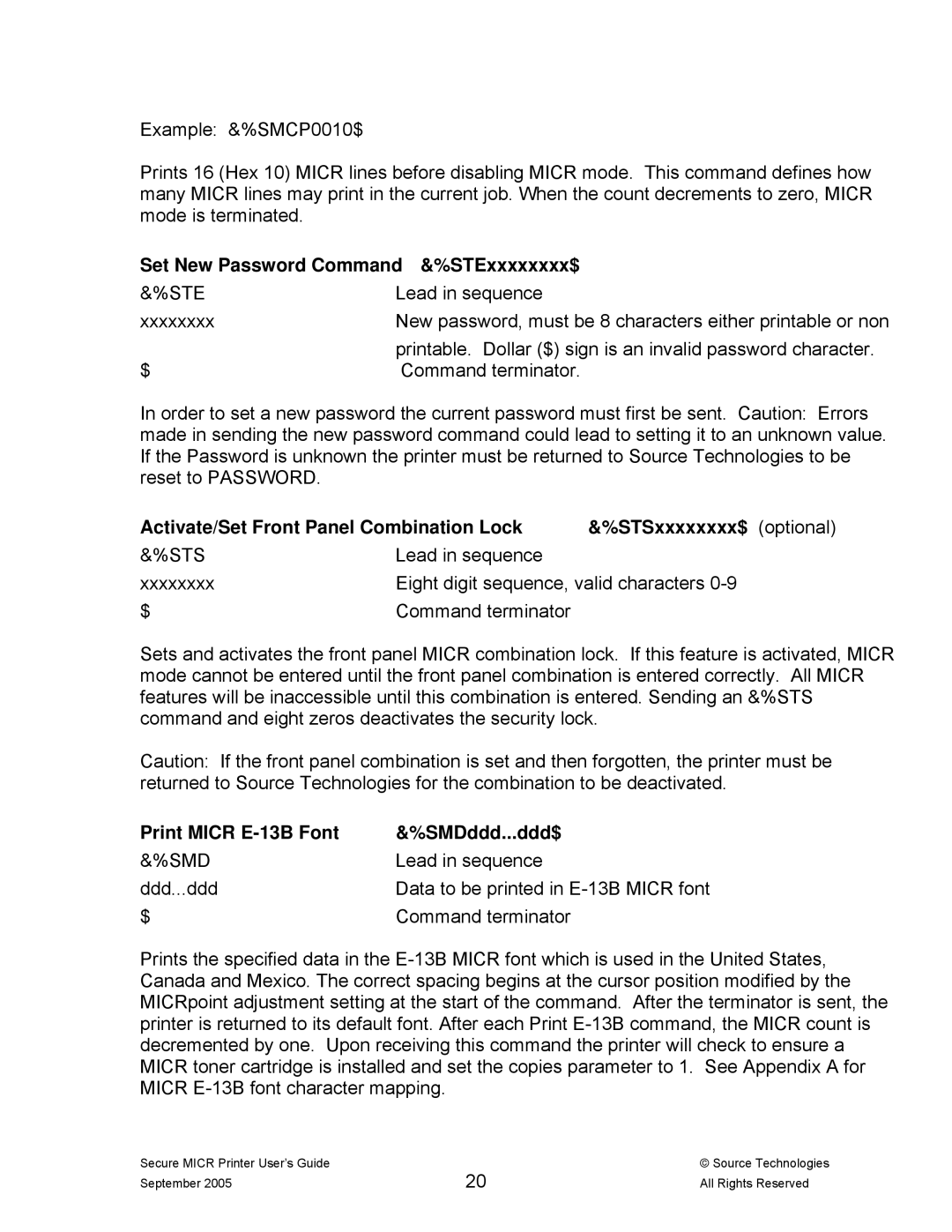 Source Technologies ST9530 Set New Password Command &%STExxxxxxxx$, Ste, Sts, Print Micr E-13B Font SMDddd...ddd$, Smd 