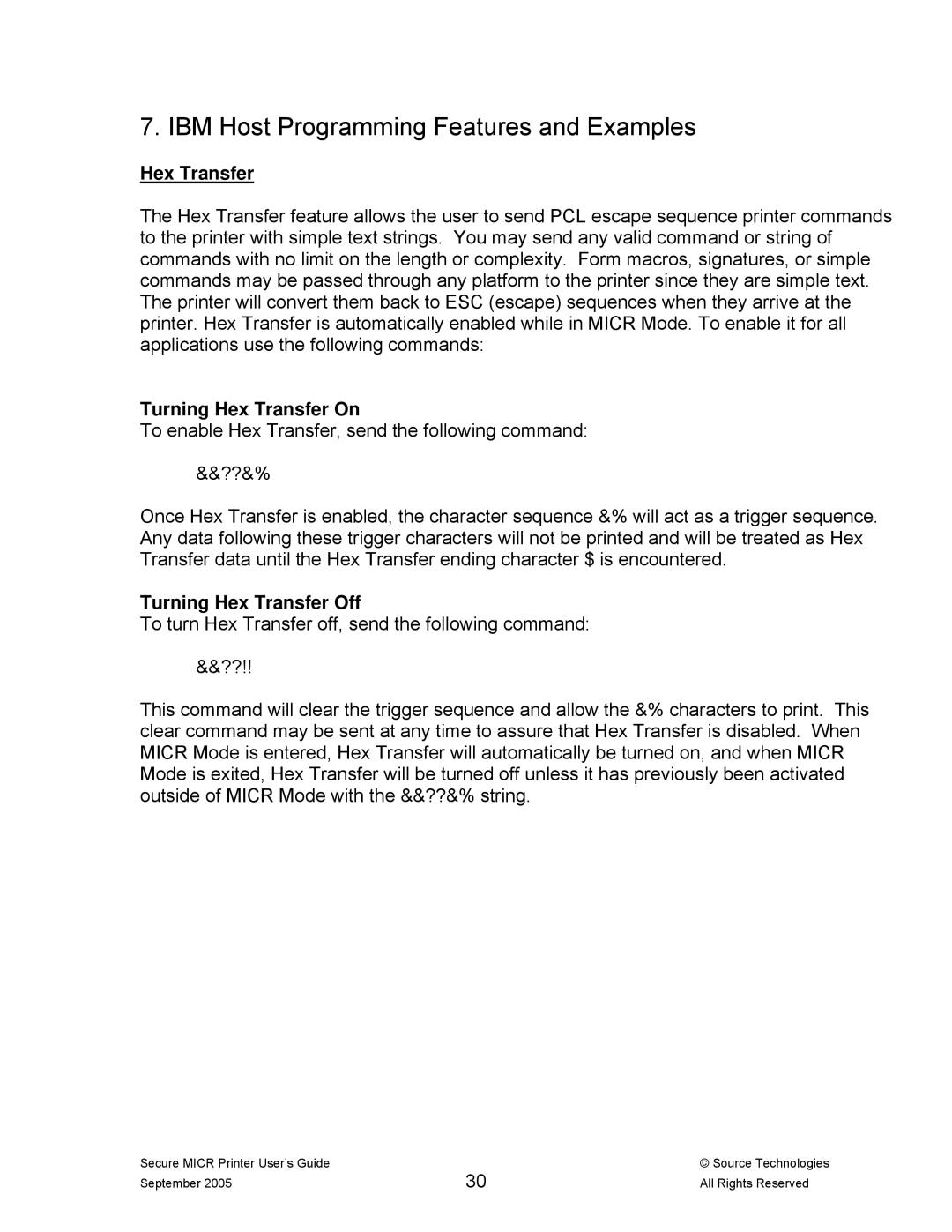 Source Technologies ST9530 manual IBM Host Programming Features and Examples, Turning Hex Transfer On 