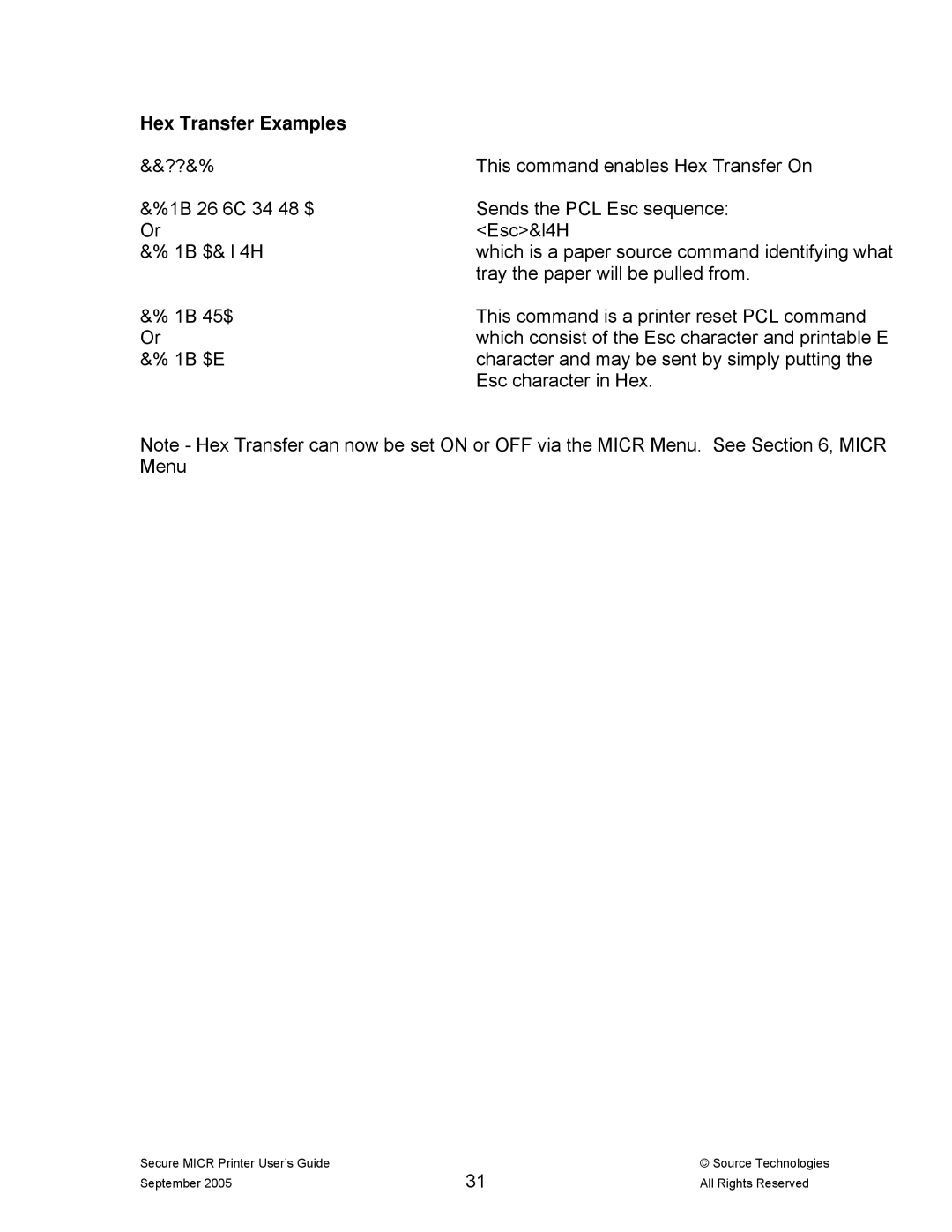 Source Technologies ST9530 manual Hex Transfer Examples 