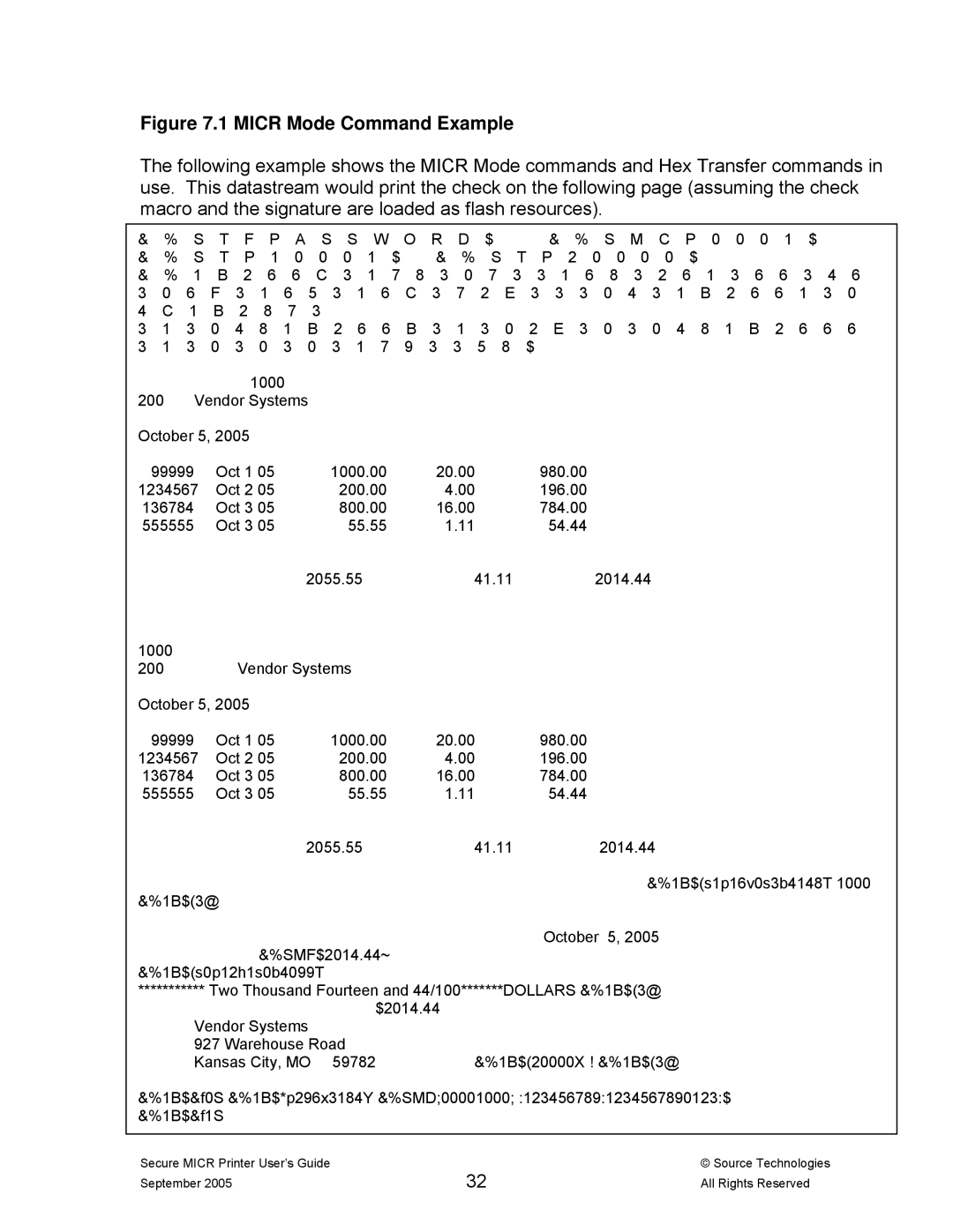 Source Technologies ST9530 manual Micr Mode Command Example 