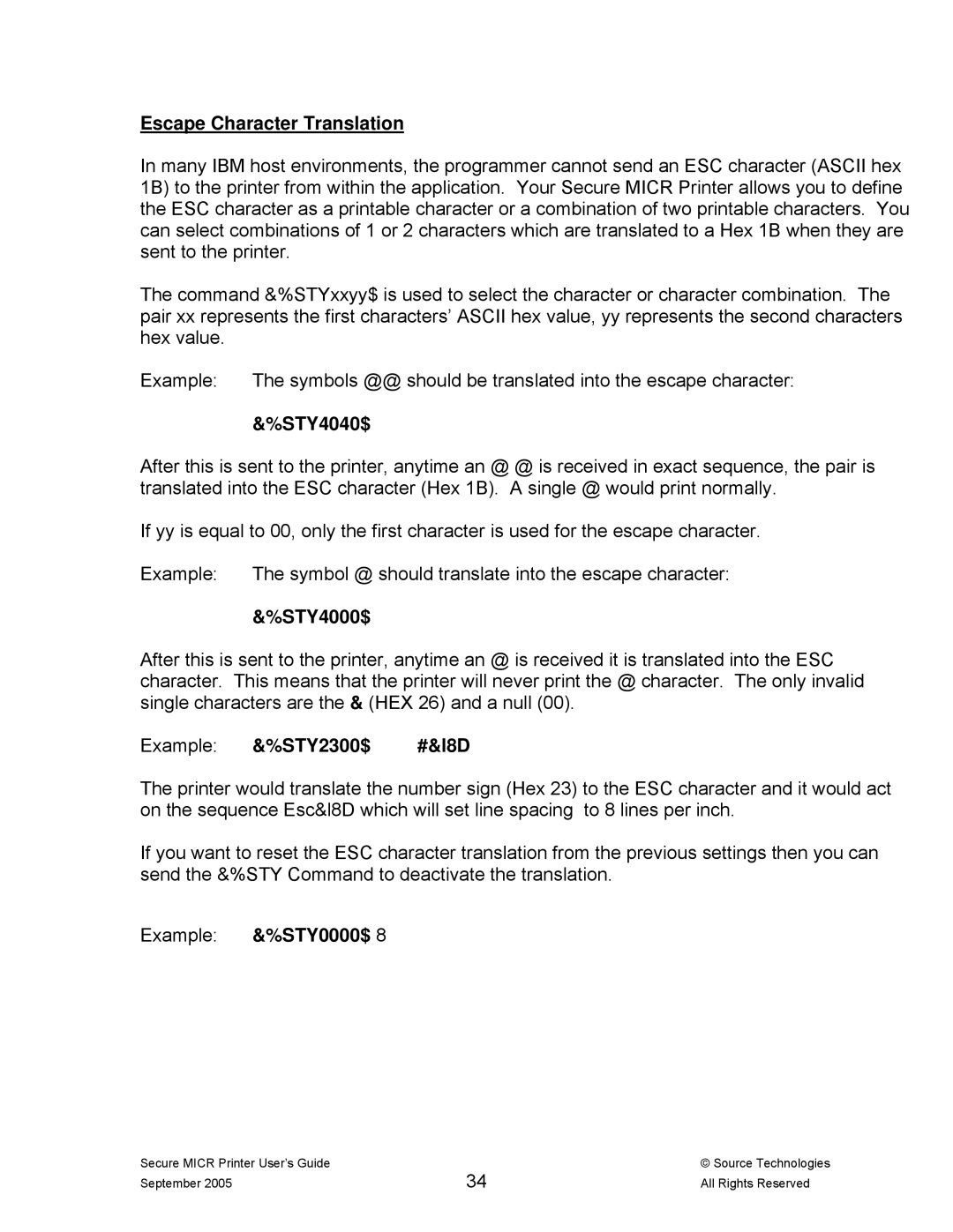 Source Technologies ST9530 manual Escape Character Translation, STY4040$, STY4000$, Example &%STY2300$, Example &%STY0000$ 