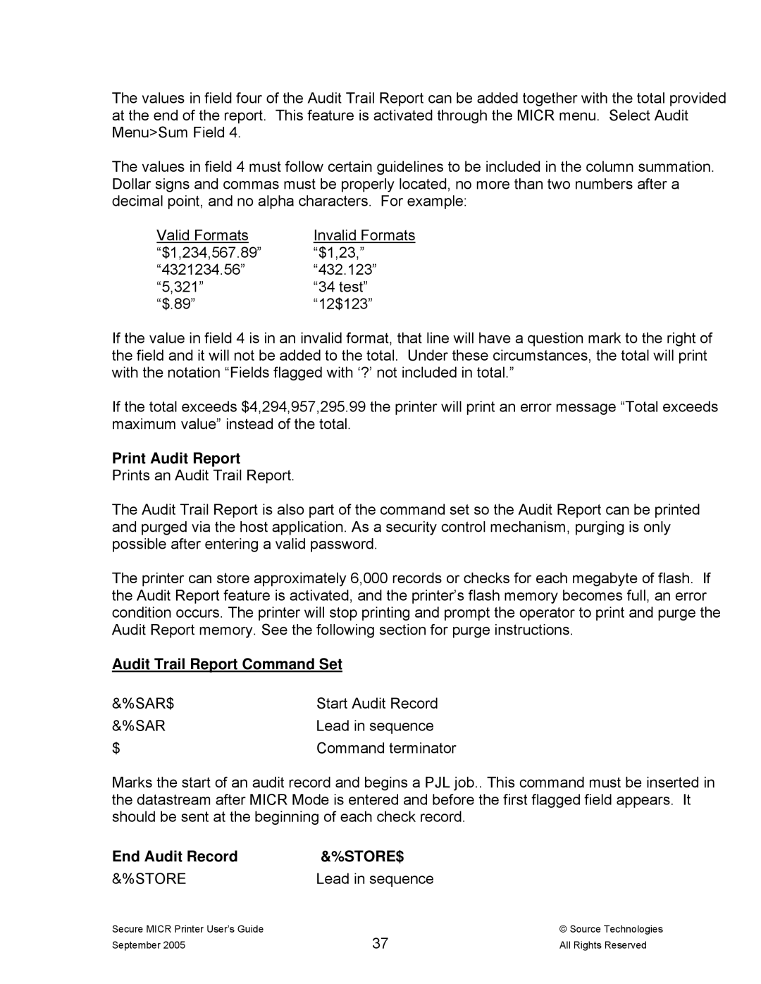 Source Technologies ST9530 manual Print Audit Report, Audit Trail Report Command Set, Sar, End Audit Record, Store 